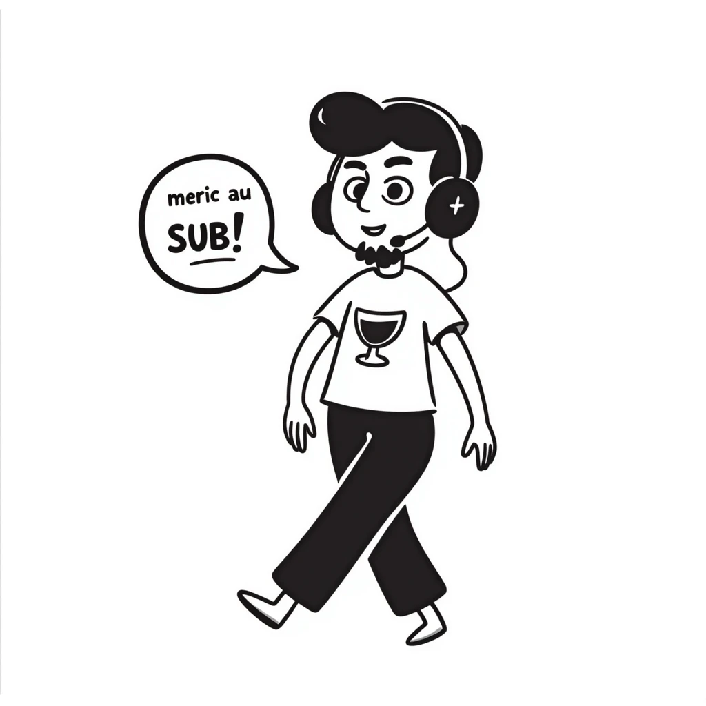 A smiling person with black hair, brown eyes, and a black beard wearing a gaming headset saying "merci au SUB" emoji