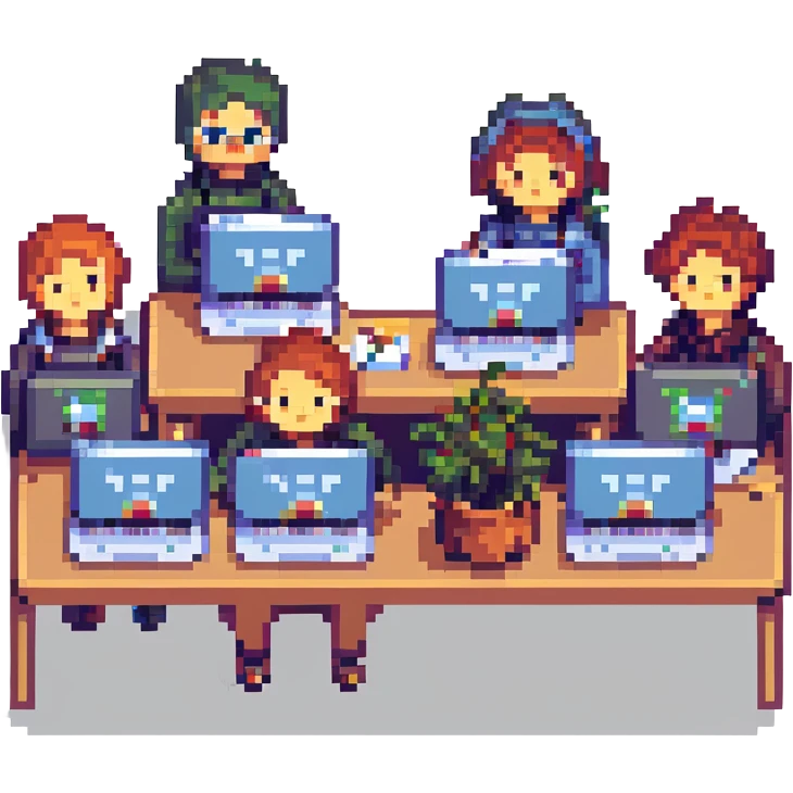 Add the text 'web community' in a pixel art font style, incorporate the provided square icon into the scene, keep the group of frontend developers with laptops and the community vibe, all in pixel art style with transparent background. emoji