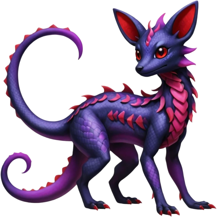 Gothic Black red purple Scaley Exotic Salandit-Umbreon-Suicune-Fakémon-hybrid-creature (full body), 4 legs emoji