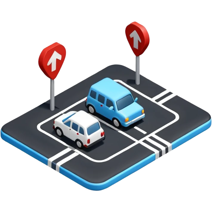 
A 3D minimal icon showing a street route to a destination, with a blue road, white and black vehicles, and small red accents for alerts. The style is clean, minimal 3D, with a transparent background. emoji