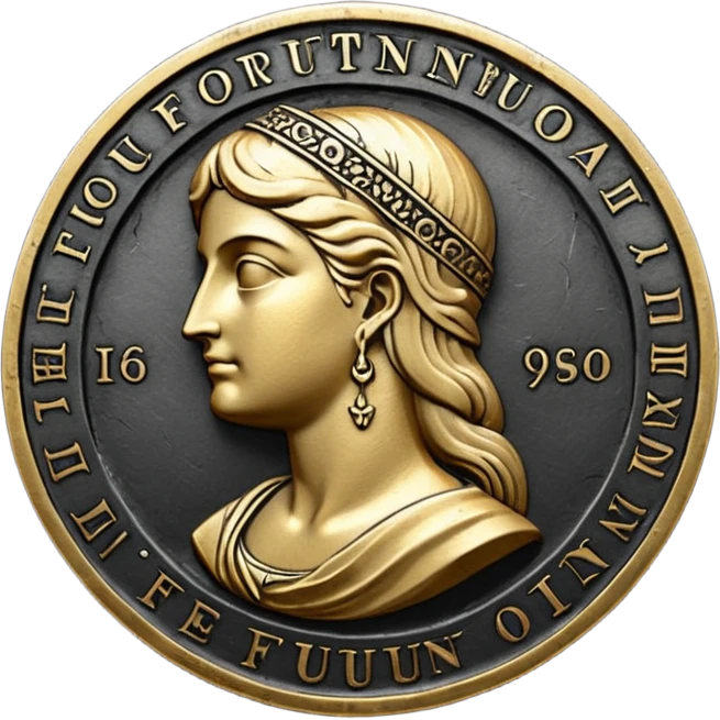 Emoji style, ancient coin made of blackened metal, “FORTUNA” engraved in refined fashion typography, heavy form, subtle worn metal texture, avant-garde editorial aesthetic, no glow, no neon, flat emoji design, centered, transparent background emoji