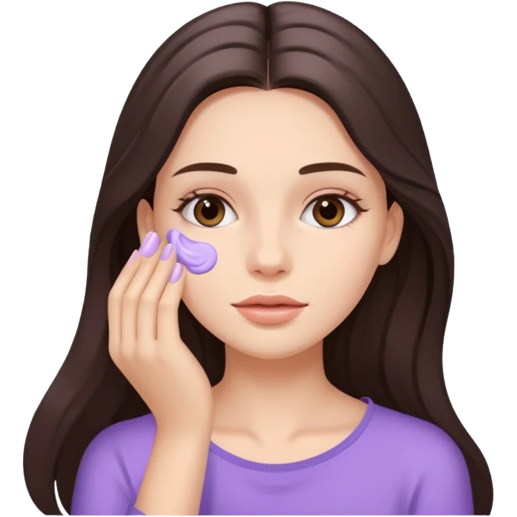 brunette girl with long hair applies lavender cream to her face emoji