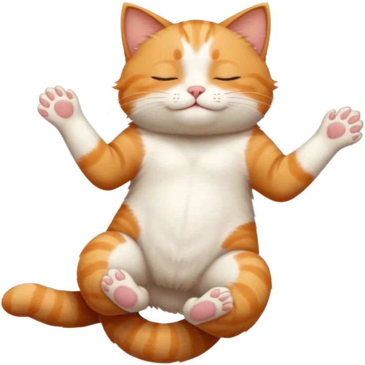 ginger and white small cat eyes closed lying down upside down with paws stretched out straight in different directions emoji