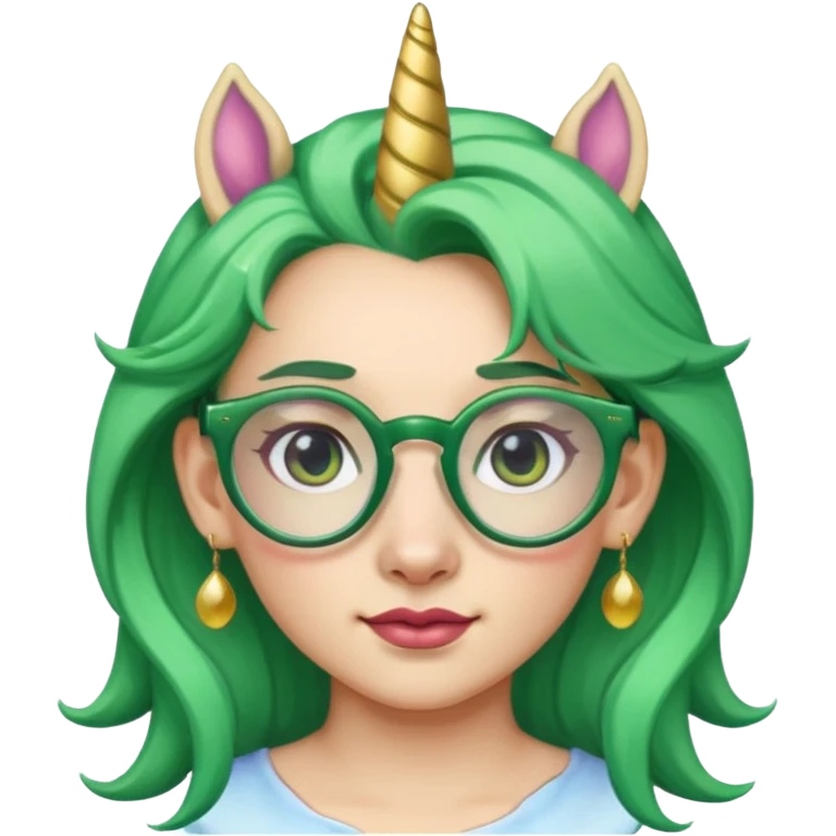 unicorn with green hair and big earrings looking into camera and spectacle emoji