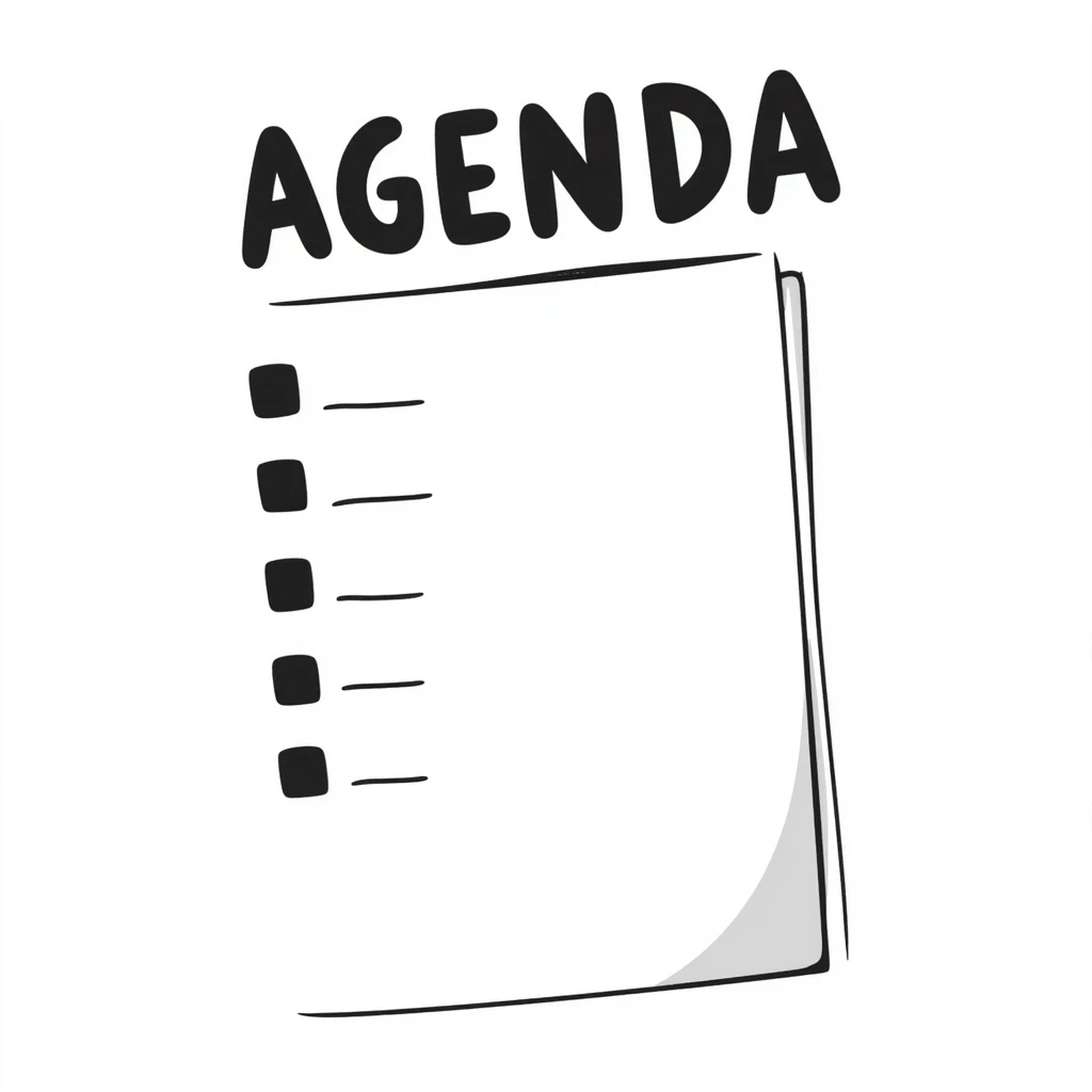 A notebook with 'AGENDA' written on top and meeting items listed below emoji