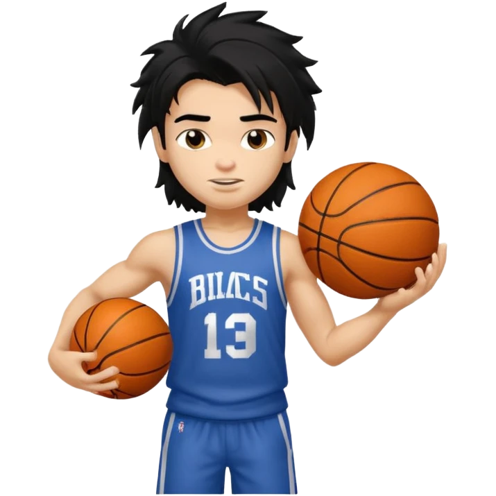 generate a pretty fair bratz boy with a long messy mullet (black hair), carrying a basketball in one hand. Smirking .  Lean but biceps emoji
