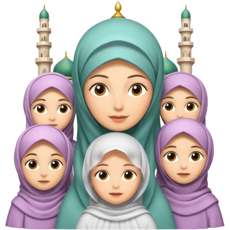 A picture of a mother with several daughters around her, the mother is wearing a veil and they are all in an Iranian Muslim mosque. Cartoon. 3D emoji