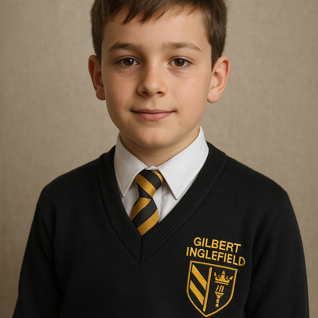 young boy in a Gilbert Inglefield school uniform, realistic style emoji