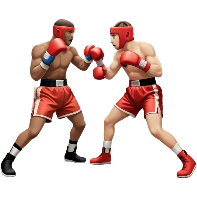 An icon showing two professional boxers in the middle of an intense fight in the ring. They are wearing gloves and protective gear, with one boxer throwing a punch while the other dodges. The background features bright lights, a cheering crowd, and the ropes of the boxing ring. emoji
