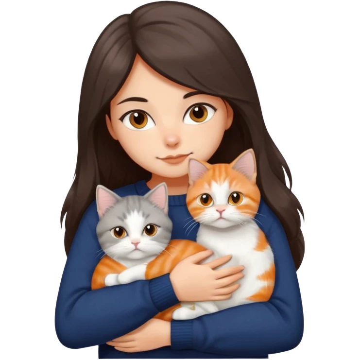 a girl with long dark brown hair, in a navy sweater, hugs a persian peaknose grey cat and persian peaknose orange and white kitten and a persion peaknose brown tabby and white cat emoji