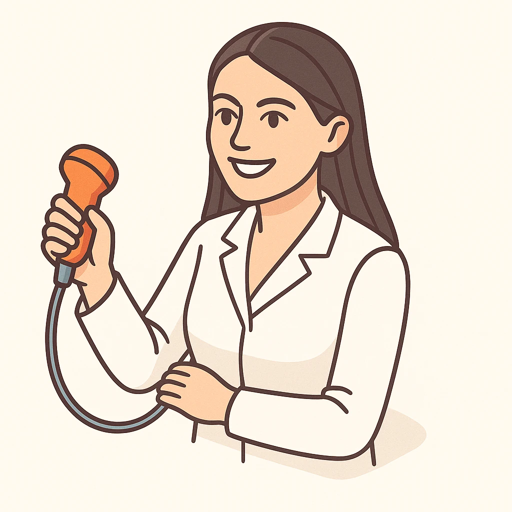 A female doctor with dark long straight hair and detailed brown eyes (not just dots), wearing a white medical coat, holding a medical instrument, in 2D isometric style with a minimalist background, with a wide smile expression. emoji