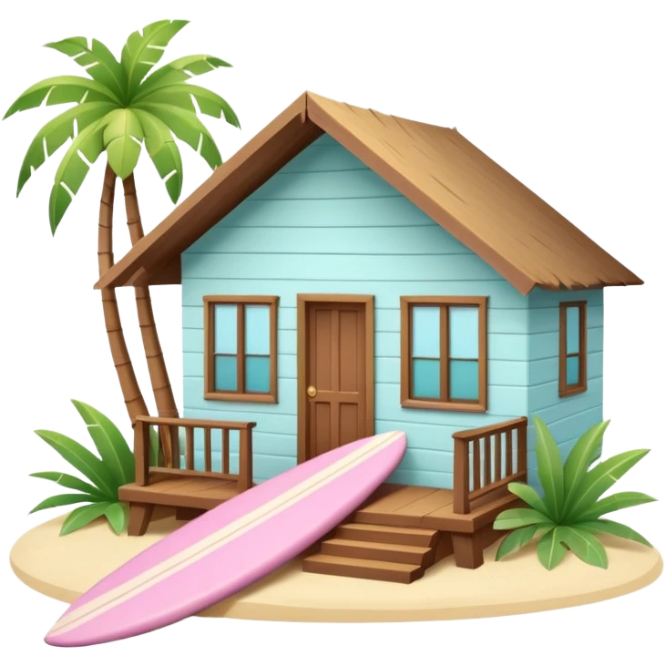 Hawaiian bungalow house, pastel colors, wooden porch, surfboard leaning on wall, palm leaves, tropical vibe, cute mobile game icon style, 3D cartoon, clean background, no text
 emoji