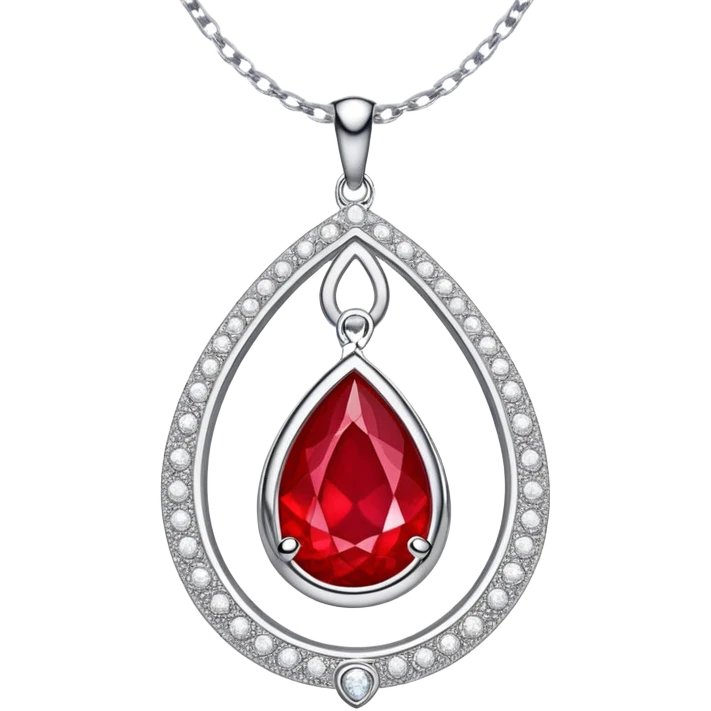 enchanted ruby talisman, teardrop shape, glowing with life force, encircled by white stones on a floating silver chain emoji