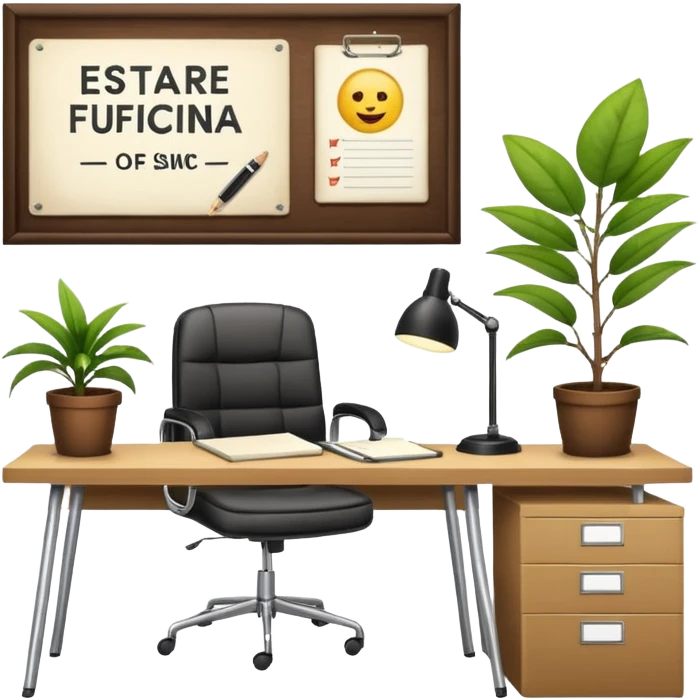 imagen de una oficina moderna con escritorio, silla, notebook, agenda y una planta con un cartel que diga en español ESTARÉ FUERA DE OFICINA emoji