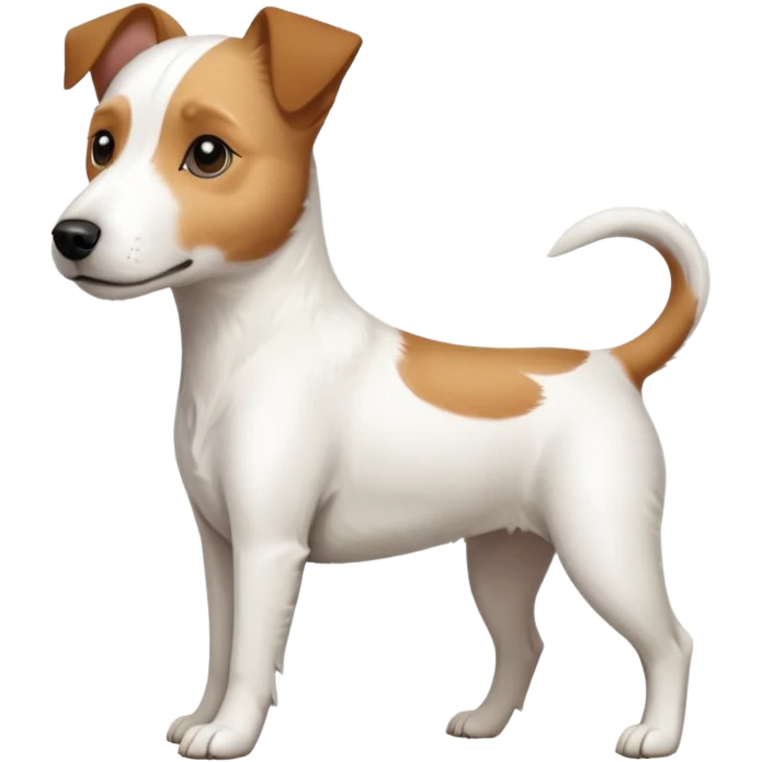 a full body slightly chubby white parson russell terrier looking dog the size of a kelpie with light brown long ears and a light brown patch on one eye and a large snout. the rest of the dog is completely white emoji