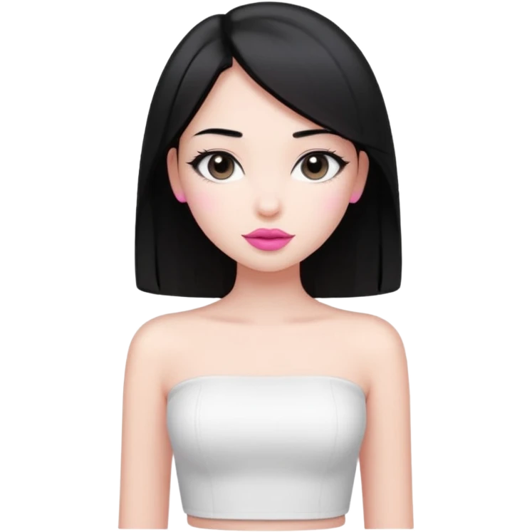 pretty girl, black straight hair to waist, pink lipstick, gentle aura, white tube top emoji