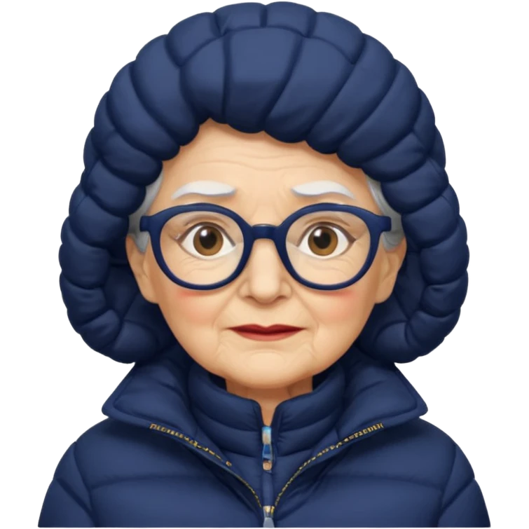 old wo man in navy puffy winter coat, wearing glasses emoji