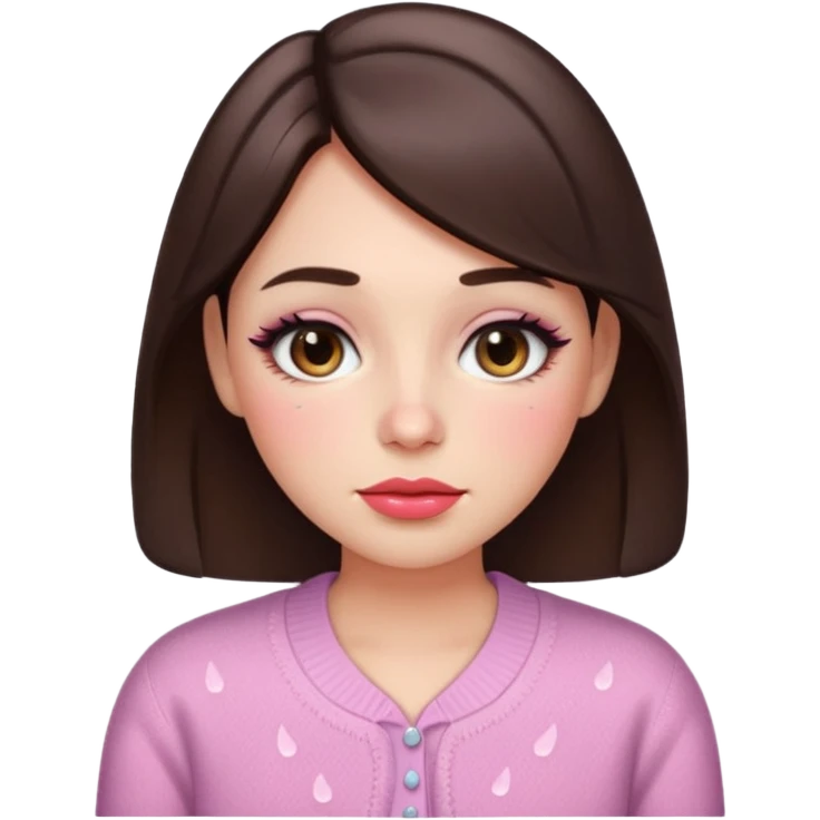 “Emoji brunette girl, dewy skin, heavy blush across cheeks and nose bridge, glossy cherry lips, soft eyeliner, teary sparkling eyes, pastel cardigan.” emoji