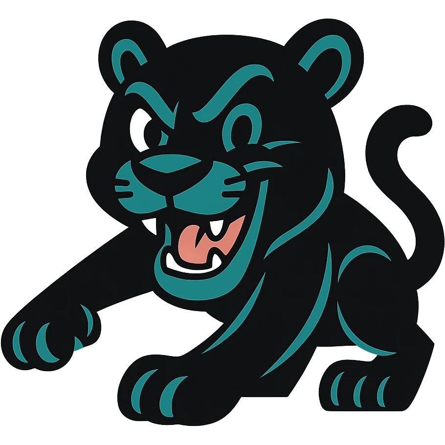 cartoon panther inspired by Penrith Panthers, playful expression, black fur, teal accents, mascot style emoji