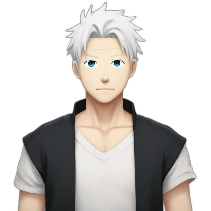gojo satoru from jujutsu kaisen with white hair, blue eyes, who wear a black tshirt and a white baggy pant emoji