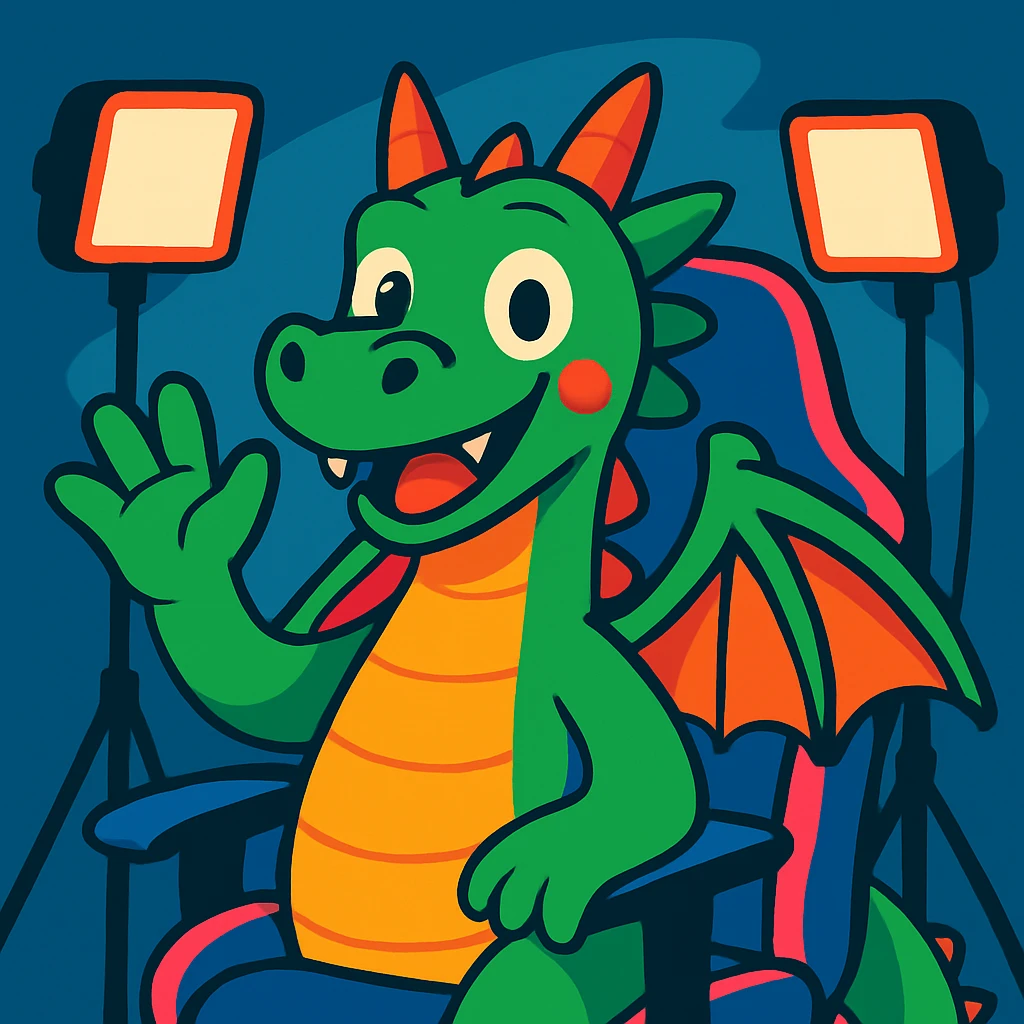 friendly dragon waving at the camera, with a gaming chair and streaming lights, embodying a popular YouTuber vibe, vibrant toon style emoji