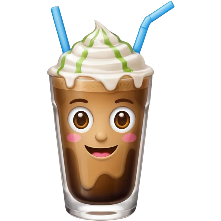 greek freddo espresso in glass with straw, ice cubes, thick foam, playful expression, emoji style emoji