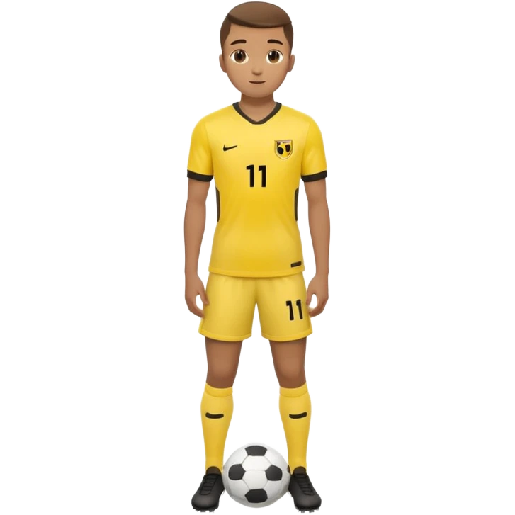 Apple emoji style 23 year old soccer player standing hands on waist, yellow jersey #11, soft shadows emoji