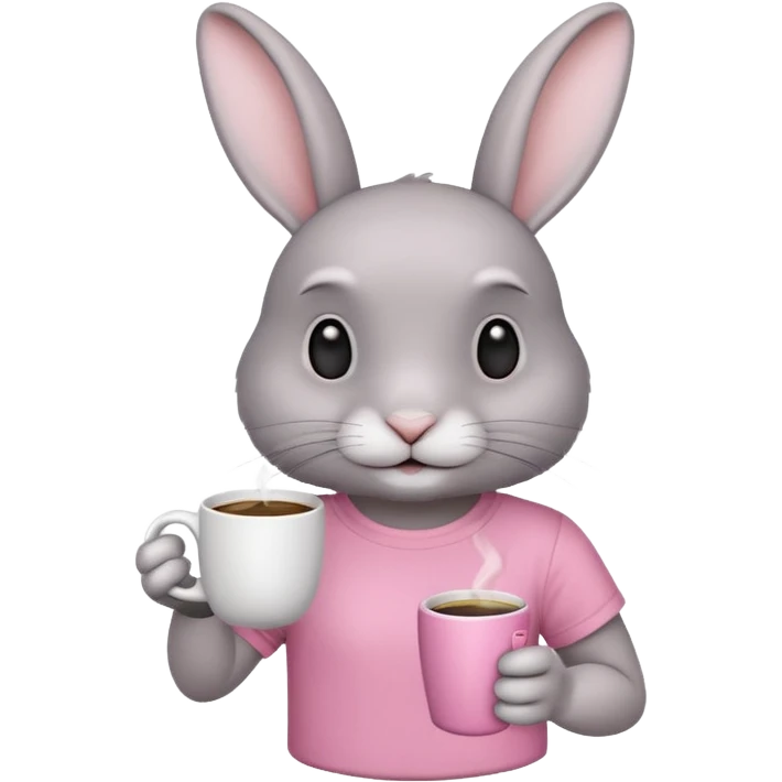 Gray rabbit, wearing pink t-shirt, holding coffee mug emoji