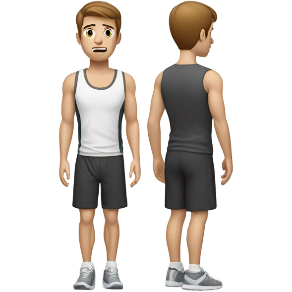 White guy brown hair holding lower back in pain. No mustache, wearing athletic clothes emoji