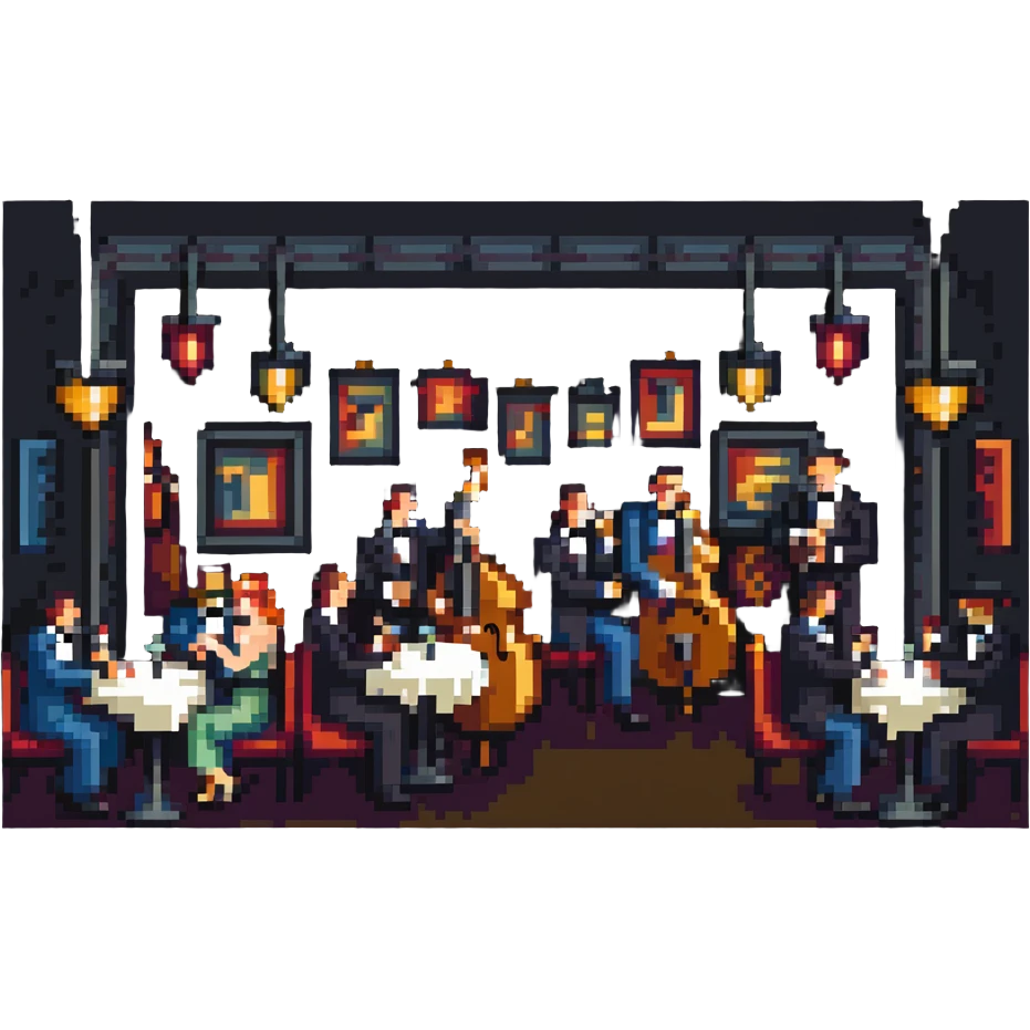 1940s jazz nightclub scene, pixel art style, no text emoji