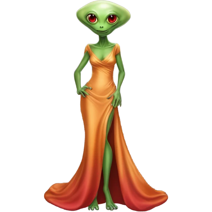 reptilian green alien woman, in long slim pastel orange formal party satin dress with gradient shiny sparkling dark red, full figure, full body emoji