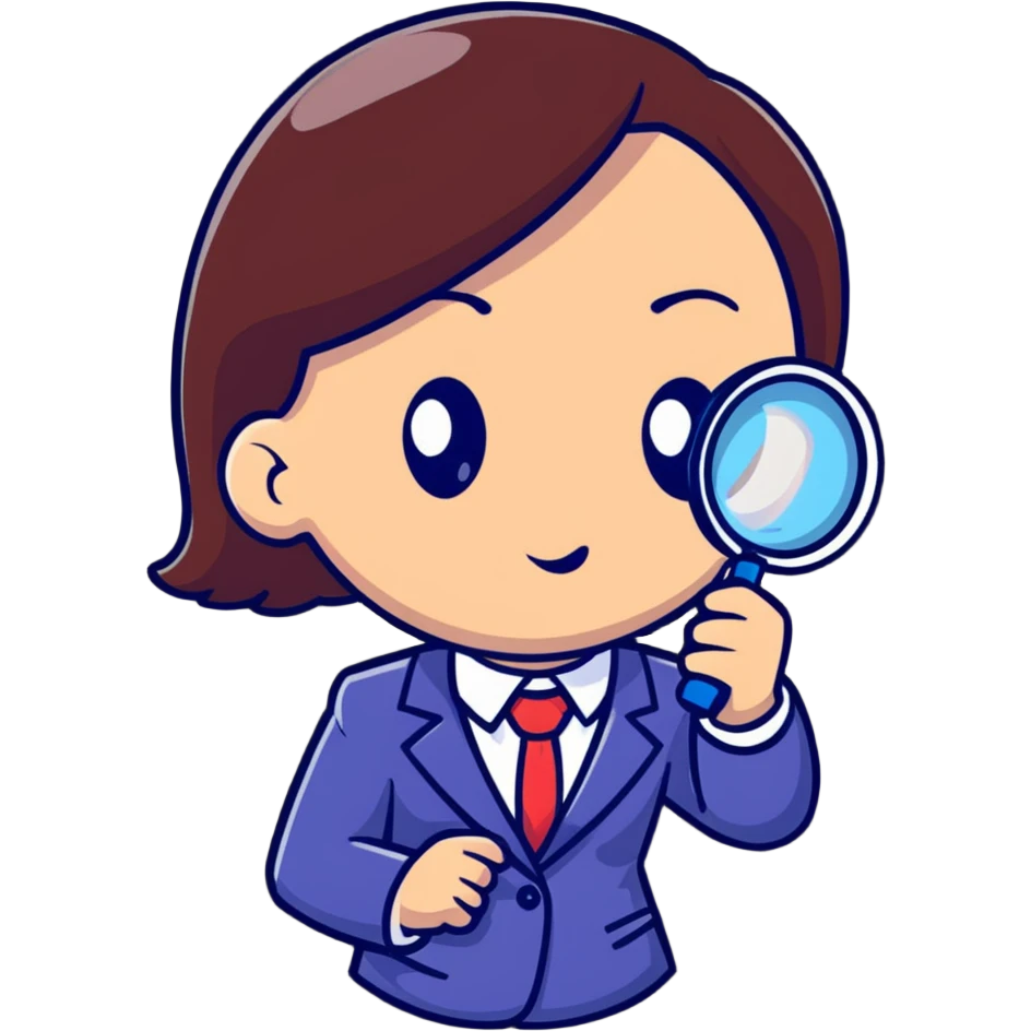 girl detective in a suit, peering through a magnifying glass, inquisitive expression emoji