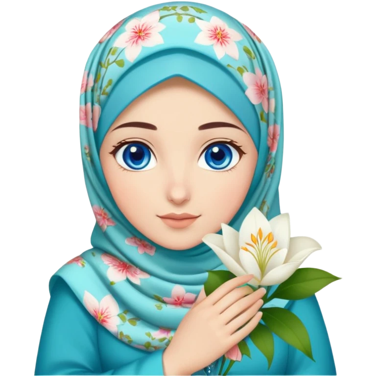 Turkish beautiful finish Konya girl blue eyes with lilies floral hijab islamic dress and had on her hand text Eid Mubarak  emoji