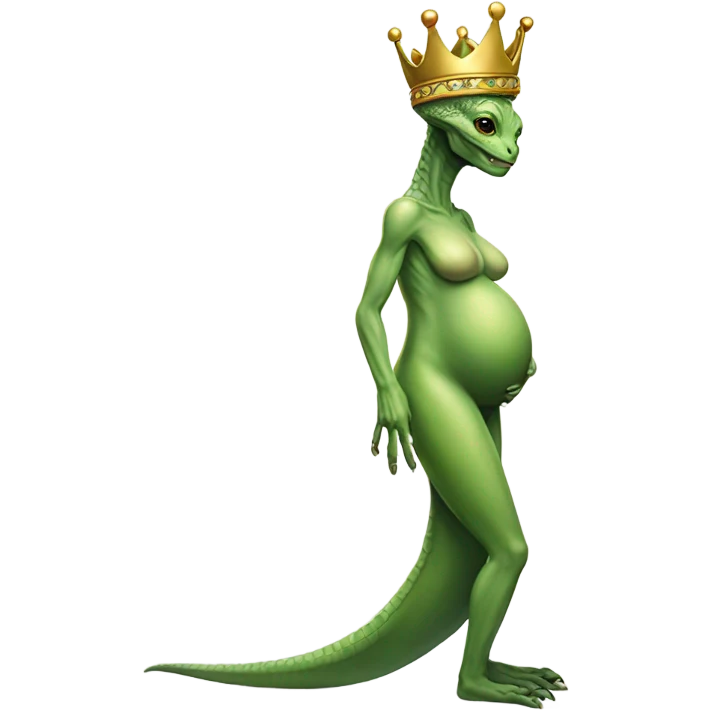 Pregnant reptilian alien woman, full body, have a crown emoji