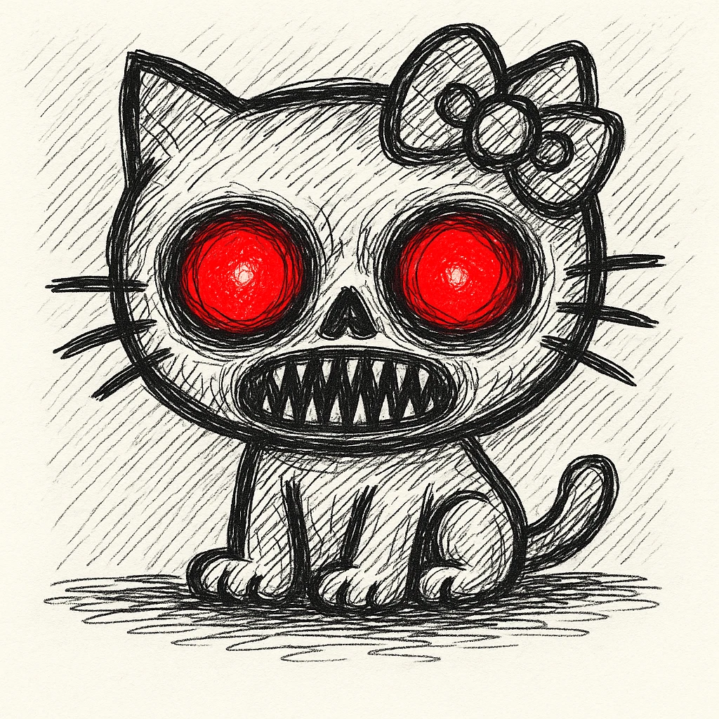 Make Hello Kitty's eyes glow bright red, keeping the horror face and unsettling features, in the style of doodle (notion style hand drawn doodles). emoji
