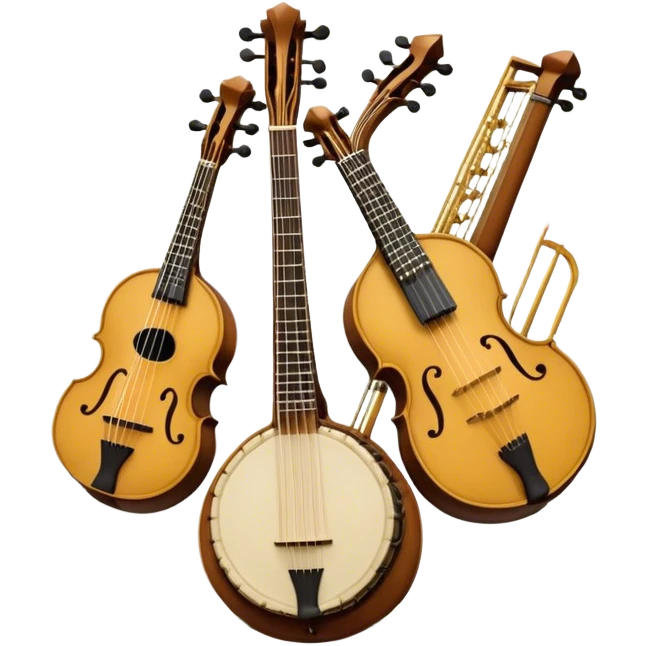 Design a complex, festive, and professional emblem-like emoji representing plucked string instruments. The composition should resemble a heraldic crest, featuring iconic instruments like a banjo, mandolin, domra, and sitar, artistically arranged in a balanced and symmetrical layout. The necks of the instruments should extend upward, intertwining with a flowing ribbon of musical notes, which weaves elegantly around the strings and headstocks. The design should incorporate intricate details, such as carved patterns on the instruments and decorative fretboards, while maintaining clarity and recognizability. Use a rich and celebratory color palette with gold, deep brown, and vibrant accents, adding subtle highlights and shadows for a polished, three-dimensional look. Include ornate elements like laurels, swirls, or subtle engraving to enhance the emblematic feel. The background should be transparent to highlight the composition as a standalone emblem. emoji