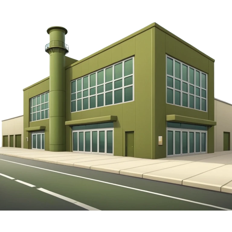 modern industrial factory building, military olive green color, large windows, industrial doors, no smoke, visually appealing, no weapons, no vehicles, not a house emoji