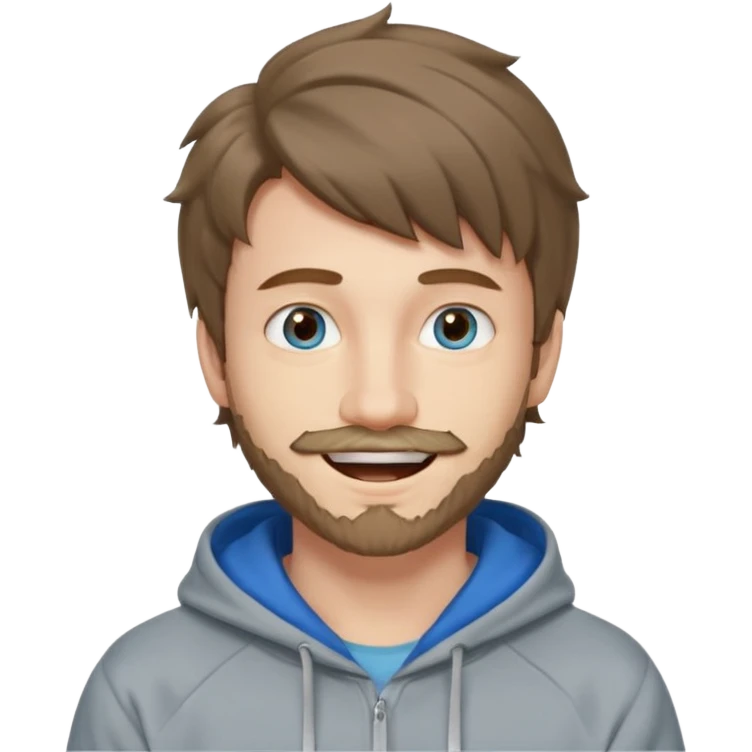 20 year old man, short scruffy beard and thin moustache, brown puffy mullet, blue eyes, big smile, white teeth, big lips, pronounced jaw, hair longer in back, sticking up on top, thin face, grey hooded sweatshirt, pale skin, big smile, blue eyes, puffy hair that is long in back emoji