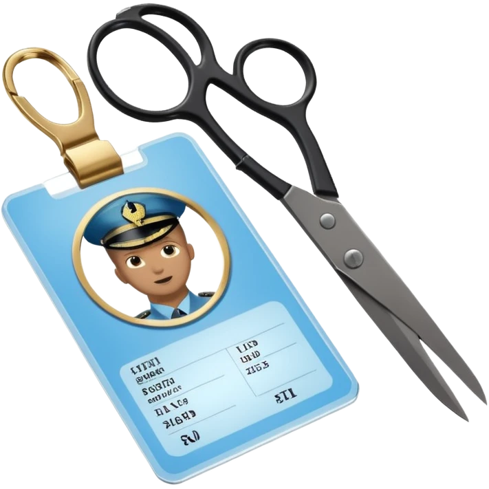 Floating black Scissors cutting in half a light blue idf soldier ID card with golden chip in 2 parts .hyper realistic emoji