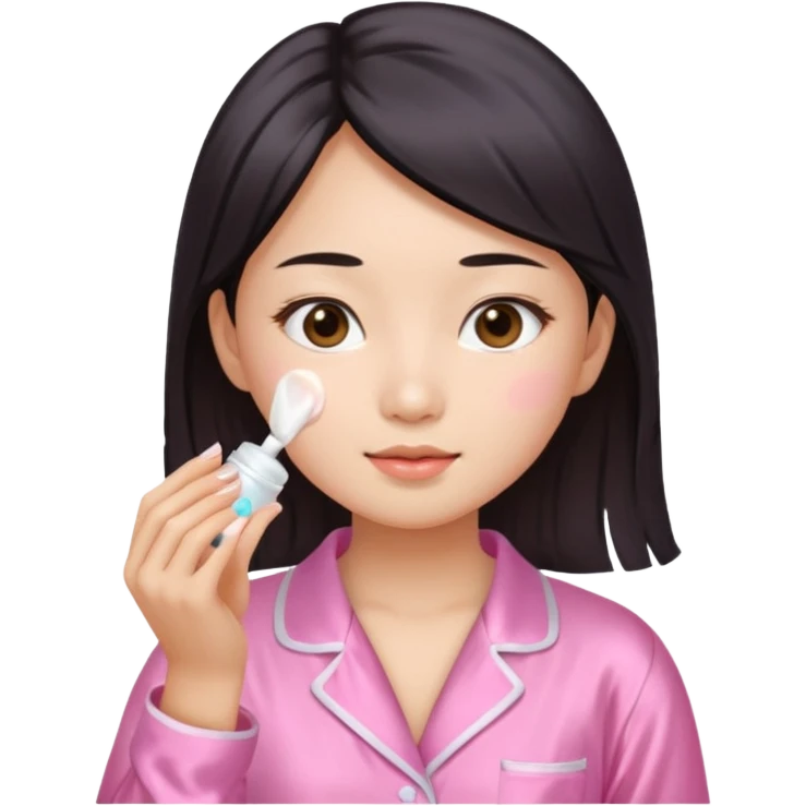 angelic asian girl doing skin care in pink pajamas, applying cream to her face emoji