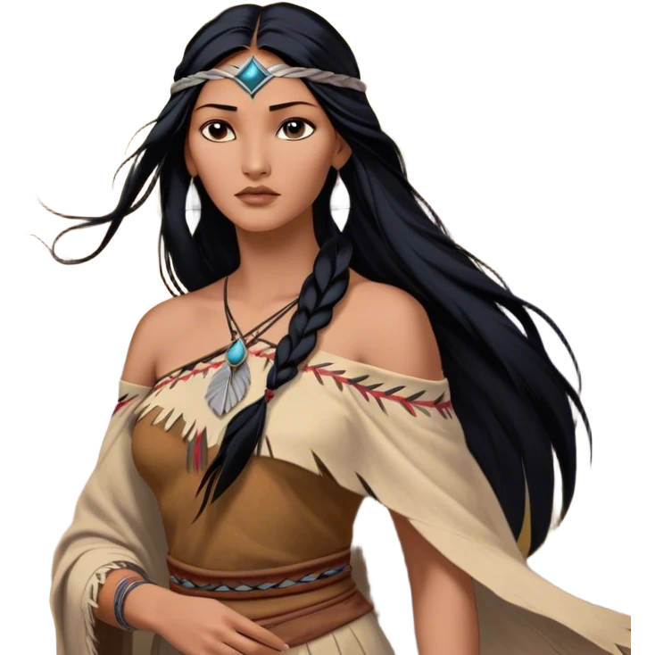 Cinematic Realistic Pocahontas Portrait, depicted with lifelike skin texture, soft natural lighting, and intricately detailed long, flowing raven-black hair that moves gracefully in the wind. Her deep, soulful dark brown eyes exude wisdom and strength, complemented by a serene yet powerful expression. She is dressed in her classic one-shoulder native american dress, with rich fabric textures and delicate beaded details that catch the light beautifully. The portrait features a soft, sun-kissed glow with a natural, radiant finish, capturing the essence of untamed beauty and deep connection to nature in a realistic and painterly style, evoking a sense of depth and authenticity. emoji
