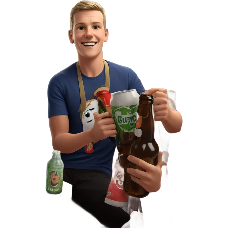 smiling boy with beer bottle emoji
