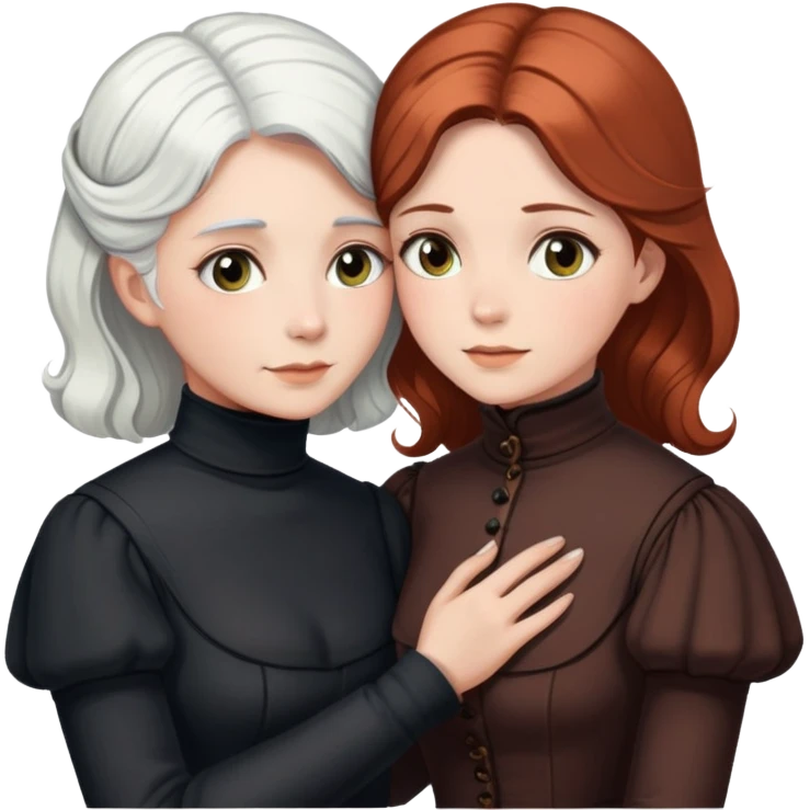 Two Victorian women with light eyes, one with white hair and one with dark copper hair, wearing Victorian turtleneck dresses, hugging each other closely emoji