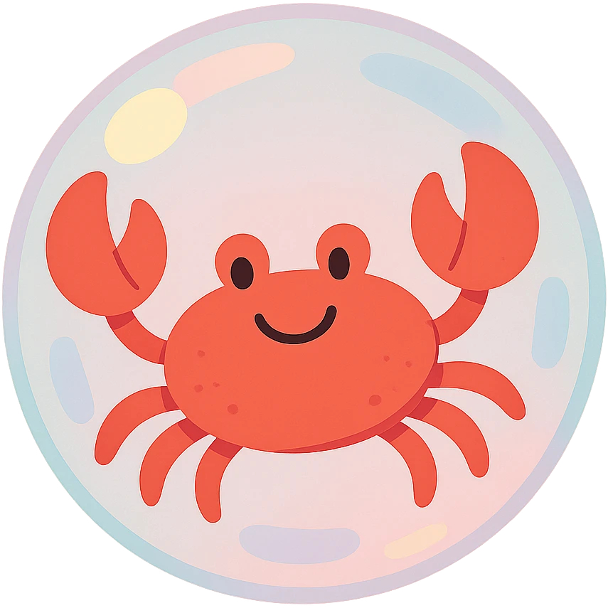 smiling red crab floating in a soap bubble, soft pastel colors, gentle lighting emoji