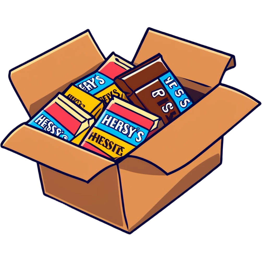 cardboard box full of wrapped Hershey's chocolate bars emoji