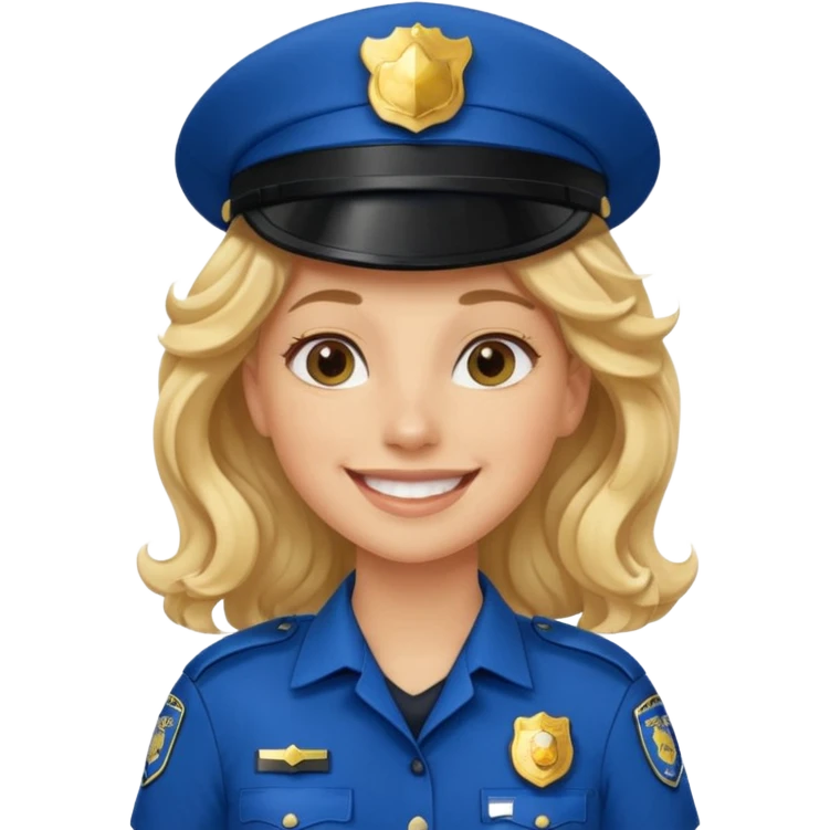 Female POLICE IN blue, long blonde curly hair, happy smile emoji