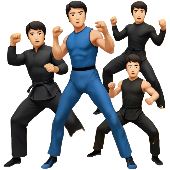 Icon for Action Movies: Collage of Arnold Schwarzenegger, Sylvester Stallone, Bruce Lee, and Jackie Chan in iconic action poses, surrounded by explosions, weapons, and martial arts moves. The design should capture the high-energy, dynamic nature of their films. Transparent background. emoji
