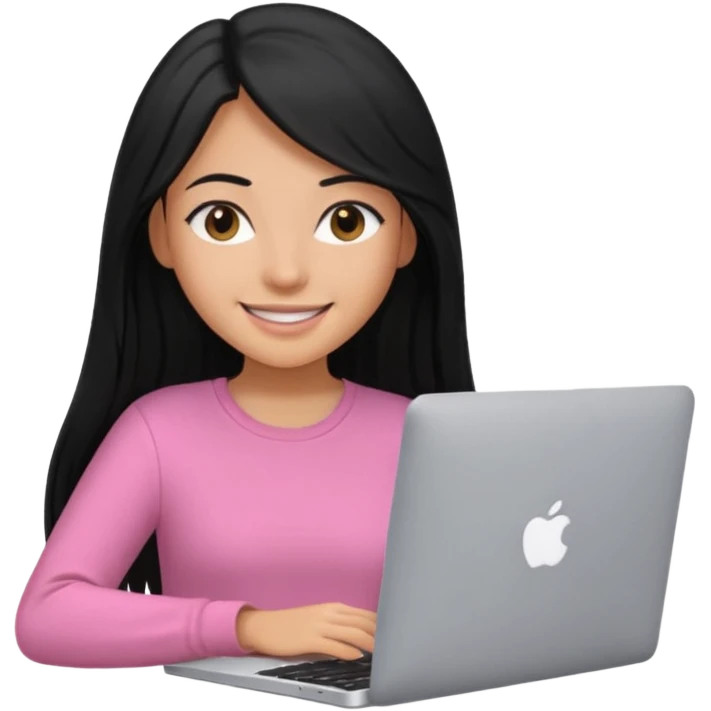 girl with black long hair working in a macbook, pink shirt, smily emoji