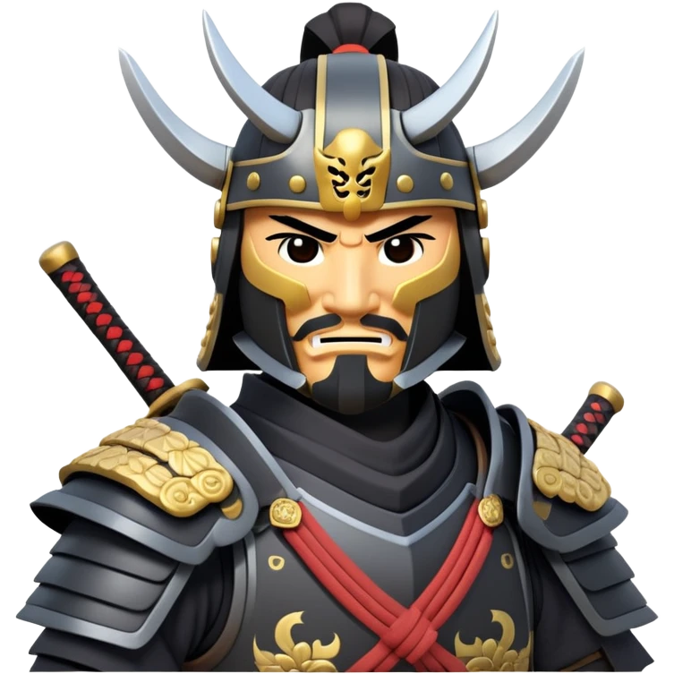 clash-of-clans-aesthetic_-cinematic-fearsome-and-majestic-samurai-bust-portrait-emoji, rendered in a flat, vector-style with minimal shading and bold, simplified shapes typical of emoji art, depicting a battle-hardened samurai with black mask and traditional black Japanese armor. The samurai is riding a noble grey warhorse adorned with an intricately designed saddle and fluttering banners and a rising sun. a samurai riding on a  horse zoomed in emoji