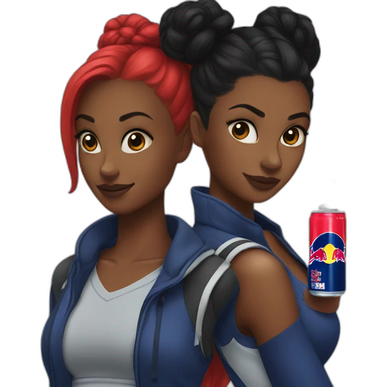 A black girl and black hair in a bun drinking Red Bull emoji